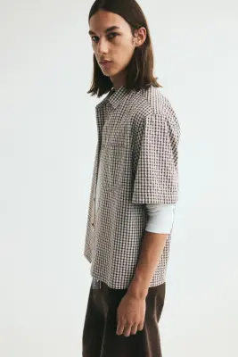 Chemise Relaxed Fit à manches courtes - Marron/carreaux — photo 4