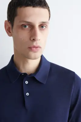 POLO SLIM EN MAILLE DE SOIE - BLEU — photo 3