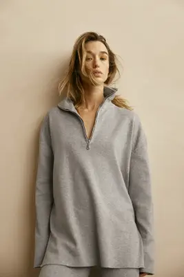 Pull oversize avec col zippé - Gris chiné — photo 1
