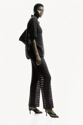 Pantalon en coton façon crochet - Marron foncé — photo 4