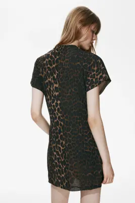 Robe à effet drapé avec col cheminée - Marron/imprimé léopard — photo 4