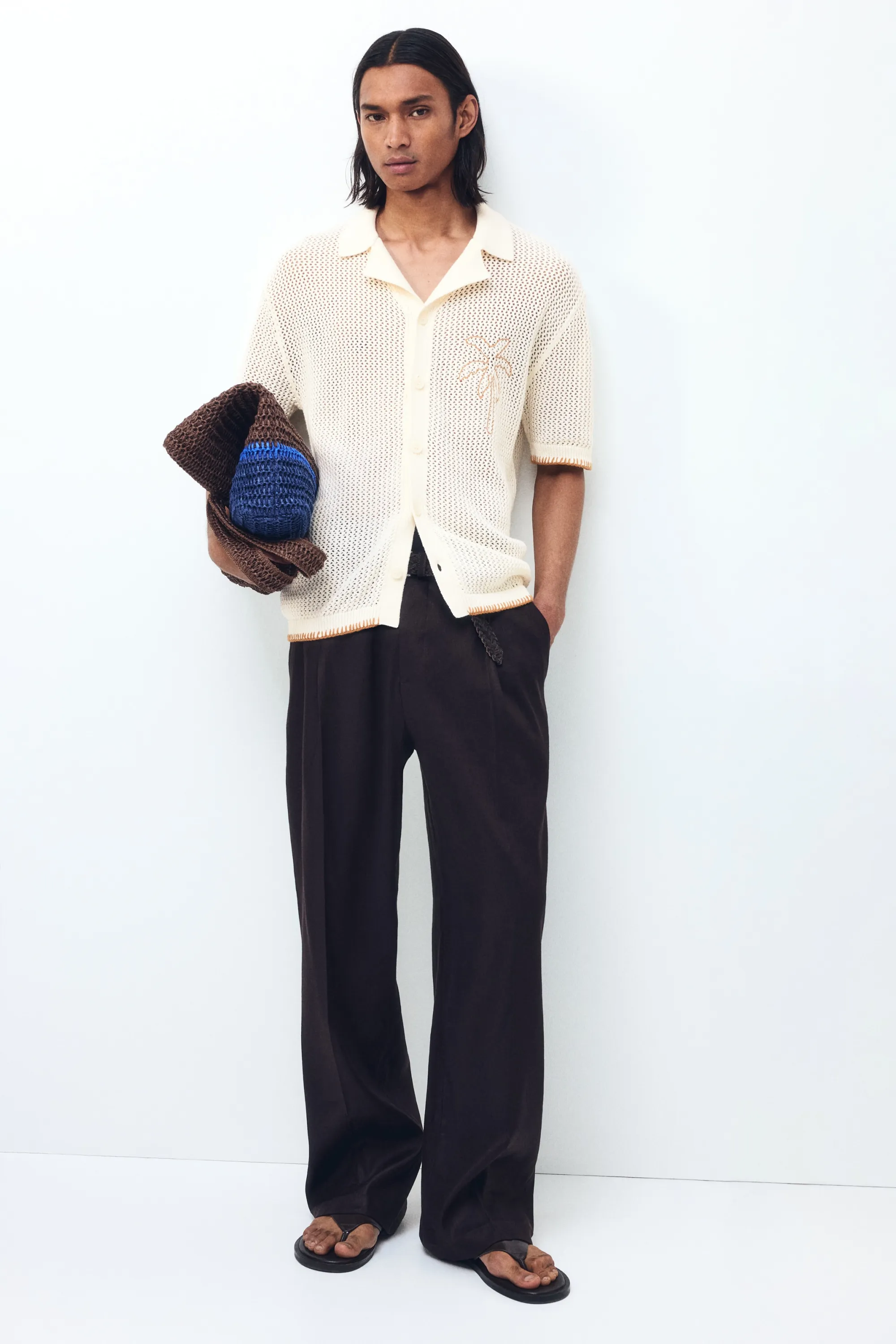 Chemise à col cubain Relaxed Fit en maille ajourée - Crème/palmier