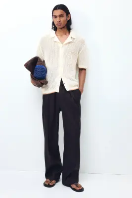 Chemise à col cubain Relaxed Fit en maille ajourée - Crème/palmier — photo 1