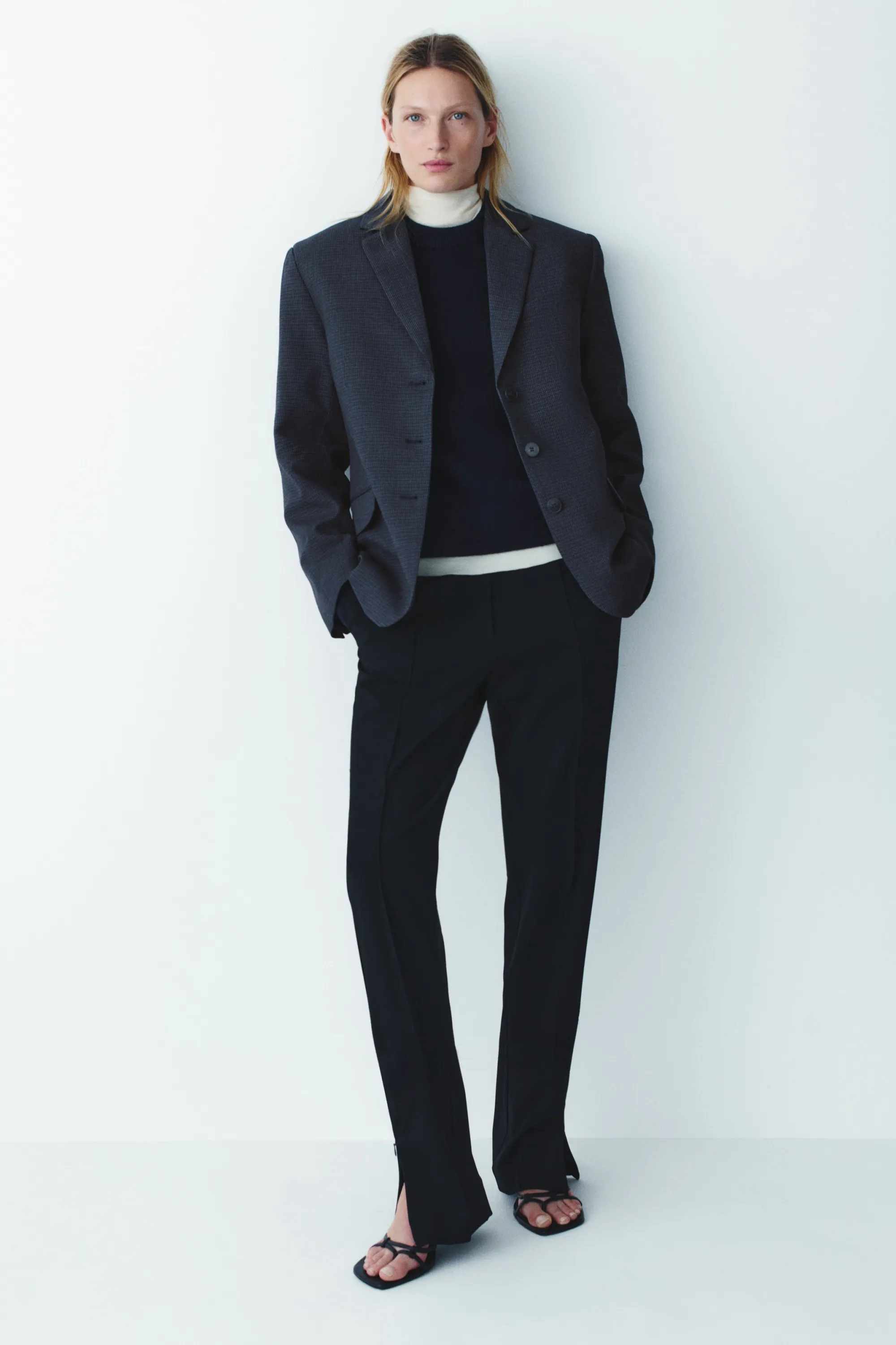Blazer à fermeture droite en twill - Bleu marine/carreaux