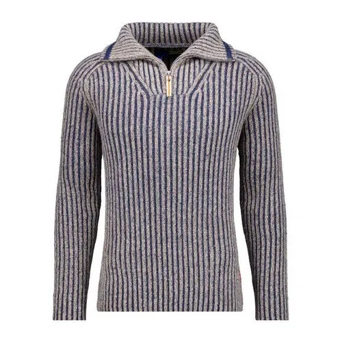 RAGMAN PULL rayé COL CHEMINE  GRANDE LONGUEUR Marine Beige