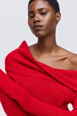 Robe épaules nues en maille côtelée - Rouge — photo 2