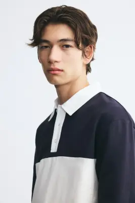 Polo de rugby Regular Fit en coton - Bleu marine/color block — photo 3