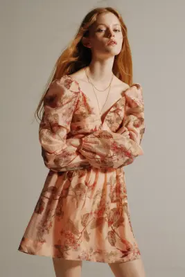 Robe à manches bouffantes avec détail à nouer - Rose pêche/fleuri — photo 2