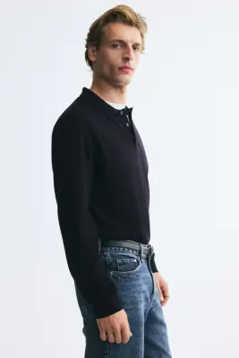 Polo Regular Fit en laine mérinos - Bleu marine — photo 3