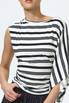 Top asymétrique en jersey - Noir/rayures blanches — photo 2