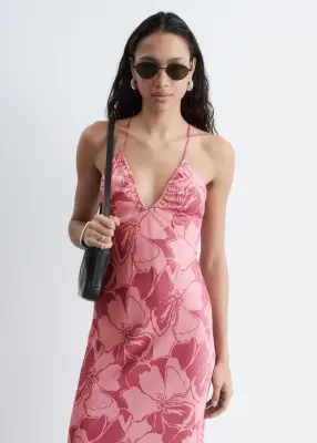 Robe combinaison midi en satin - Motif floral rose — photo 4