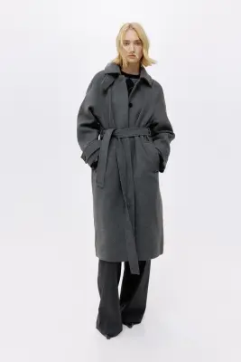 Manteau avec ceinture à nouer - Gris foncé chiné — photo 1