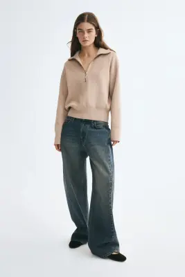 Pull en maille fine avec col zippé - Beige — photo 1