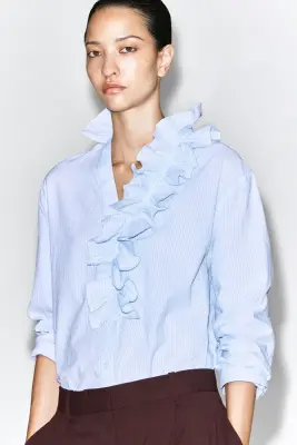BLOUSE EN COTON CRÊPÉ À COL VOLANTÉ - BLEU / RAYÉ — photo 3