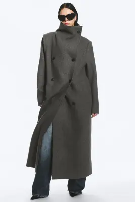 Manteau oversize à col cheminée en mélange de laine - Dark Grey Melange — photo 5