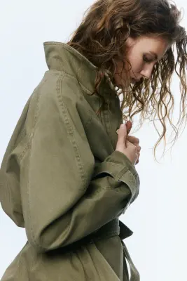 Veste en twill de coton avec ceinture - Vert kaki — photo 4