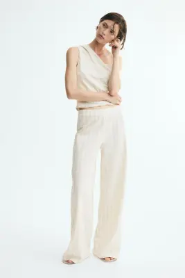 Pantalon en coton mélangé avec taille élastique - Beige clair/rayé — photo 2