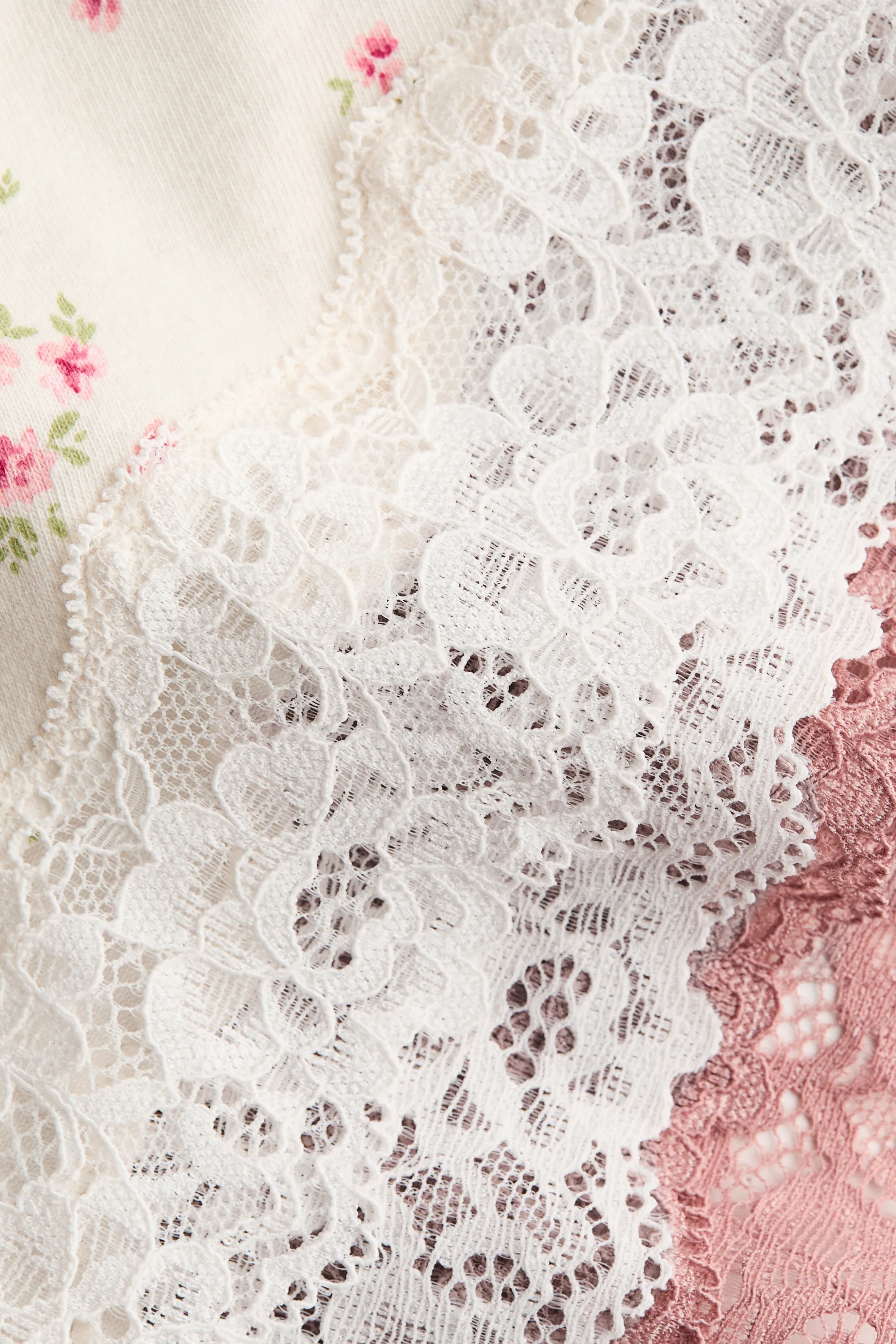 Lot de 3 shortys en coton et dentelle - Rose ancien/crème/fleuri