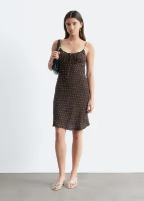 Robe courte à cordon de serrage - Brun foncé/Pois blancs — photo 2