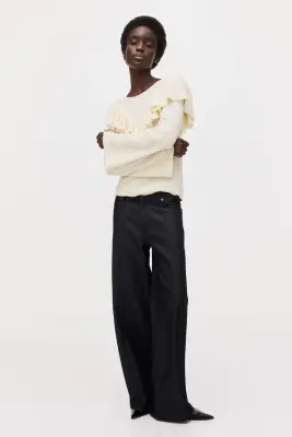 Textured-knit frill-trimmed top - Crème — photo 1