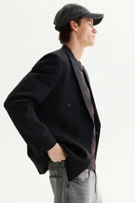 Veste croisée Regular Fit en laine mélangée - Bleu marine/carreaux — photo 3