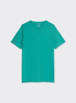 T-shirt Turquoise Col V Manches Courtes en Coton organique et Elasthanne