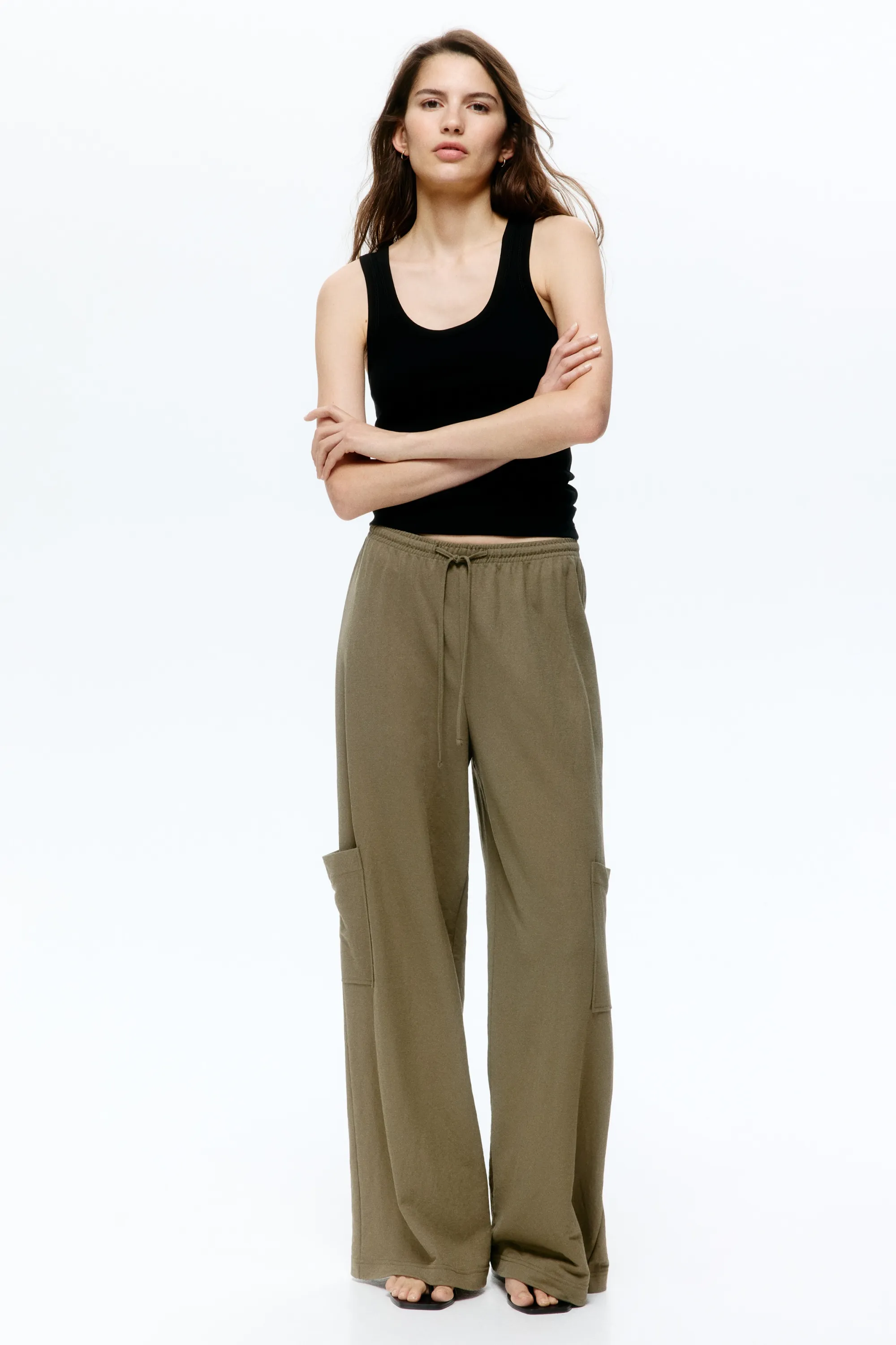 Pantalon cargo avec cordon de serrage - Vert kaki foncé