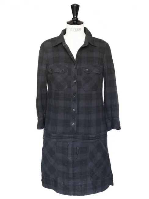 Robe manches longues en coton à carreaux bleu navy et noir Taille 36