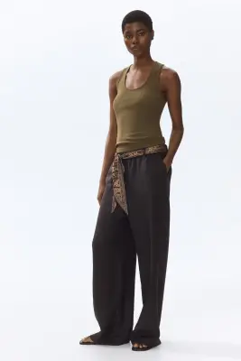 Pantalon en lin mélangé avec foulard - Marron foncé — photo 2