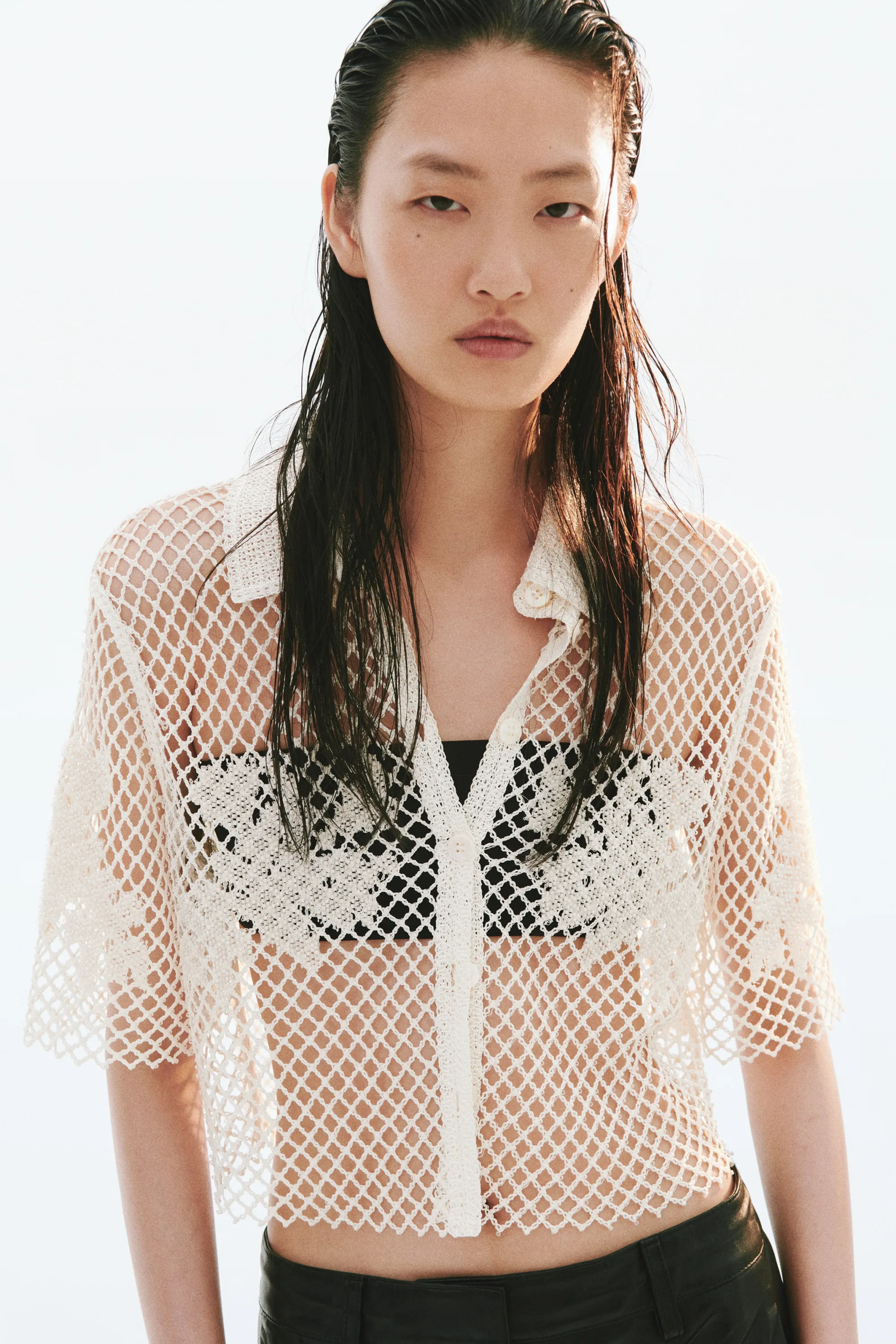 Chemise façon crochet avec perles fantaisie - Crème