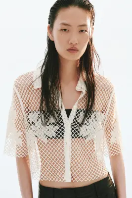 Chemise façon crochet avec perles fantaisie - Crème — photo 1