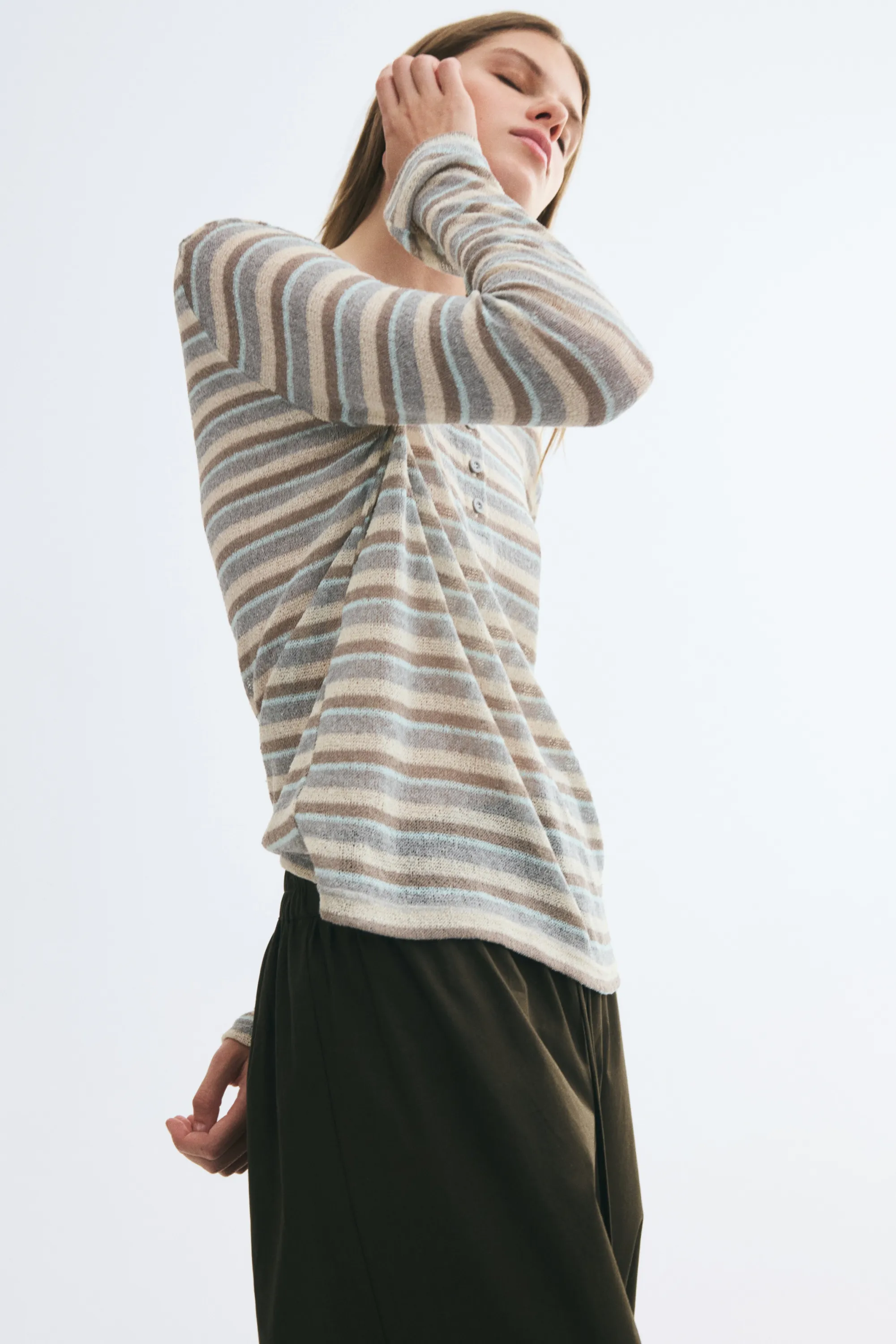 Top à manches longues - Beige clair/rayé