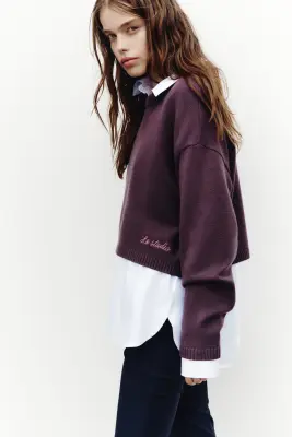 Pull loose en coton mélangé - Rouge prune — photo 3