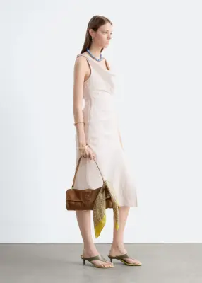Robe midi en lin à bretelle torsadée - Marron Clair — photo 3