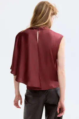 Blouse en satin à effet drapé - Rouge foncé — photo 2