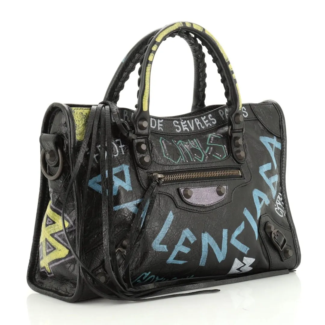Sac city graffiti cuir veau noir avec bandouliere