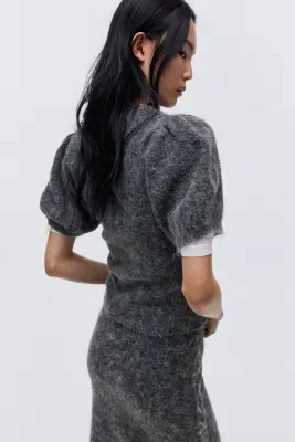 Top à manches bouffantes en maille - Gris chiné — photo 3