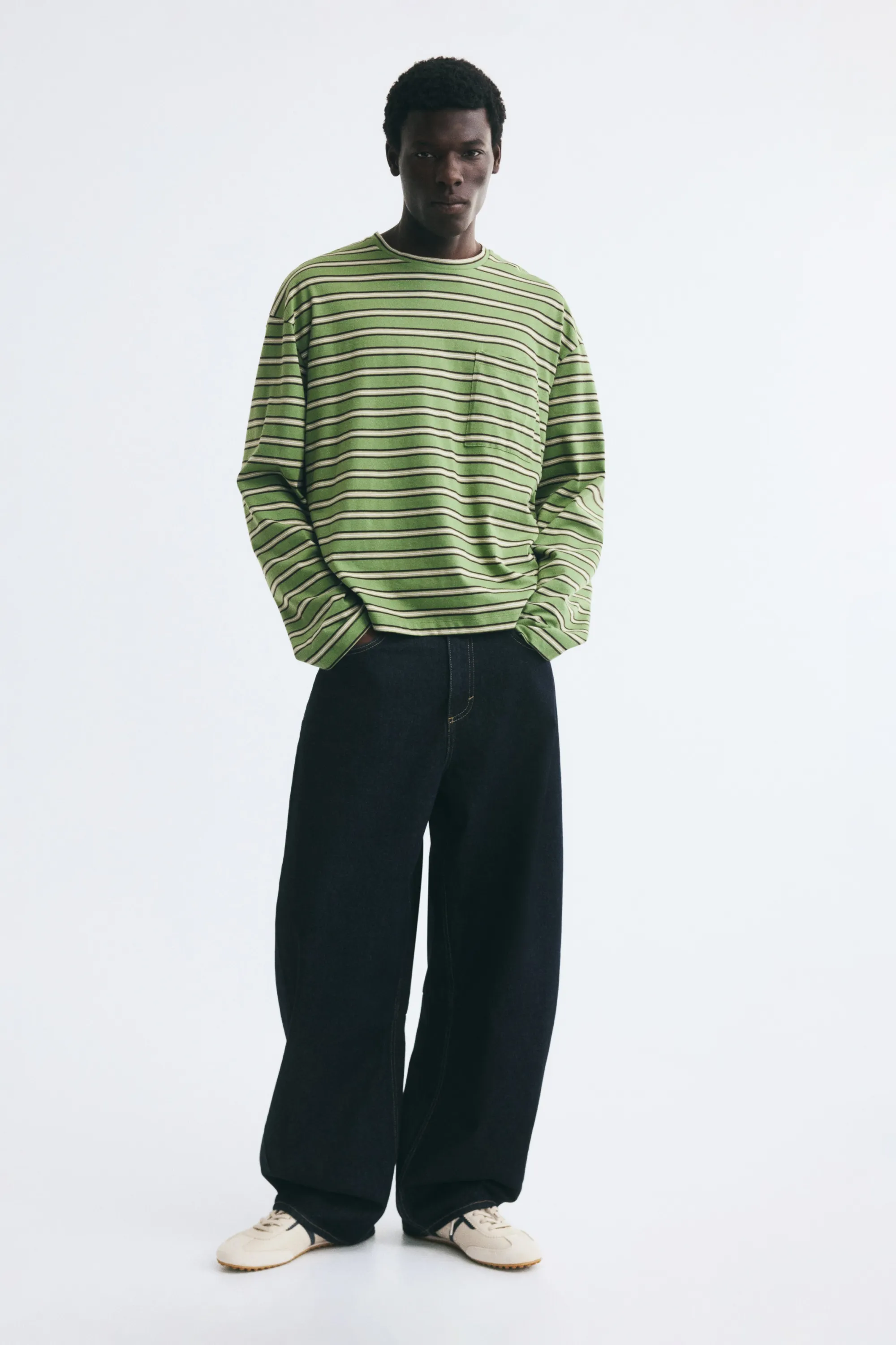 T-shirt à manches longues Regular Fit en interlock - Vert/rayé