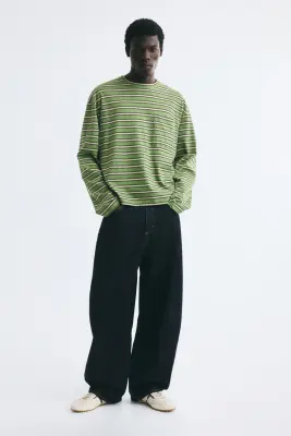 T-shirt à manches longues Regular Fit en interlock - Vert/rayé — photo 1