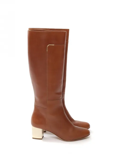 Bottes hauteur genoux en cuir marron cognac à petit talon Prix boutique750€ Taille 37