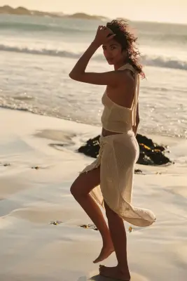 Jupe de plage brodée en coton - Beige clair — photo 2