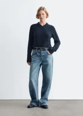 Pull à col en V côtelé - Bleu foncé — photo 3