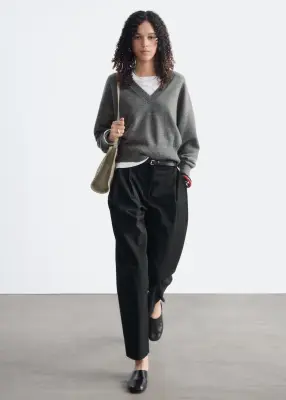 Pull à col en V côtelé en laine et en coton - Gris — photo 1