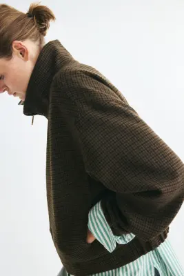 Veste à col droit en laine mélangée - Beige/motif pied-de-poule — photo 4