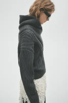 Pull à col châle en laine mérinos - Gris foncé chiné — photo 2