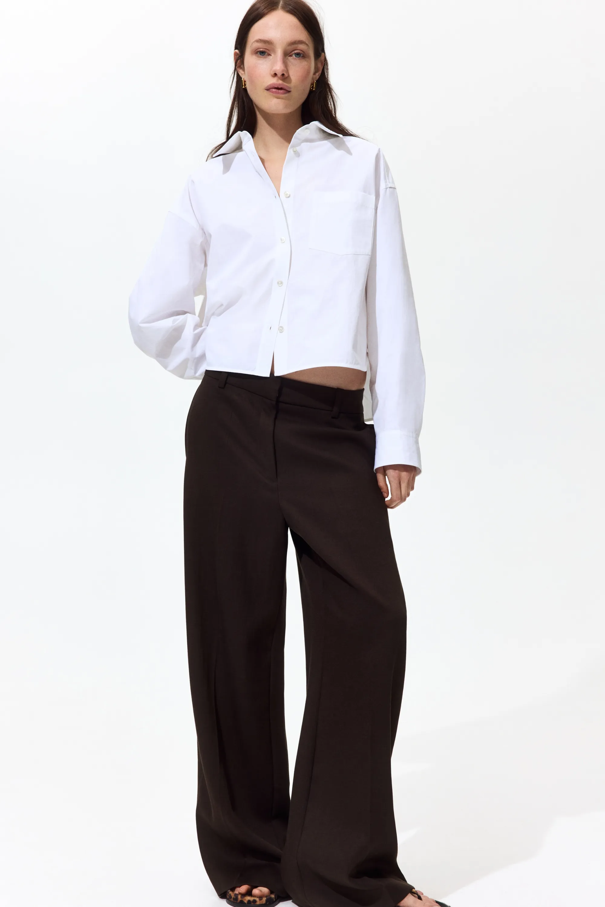 Pantalon large en lin mélangé - Marron foncé