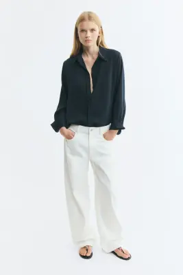 Chemise à manches longues en satin - Bleu foncé — photo 2