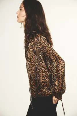Blouse à manches ballon avec liens à nouer - Marron foncé/imprimé léopard — photo 3