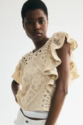 Top façon crochet avec manches volantées - Beige — photo 1
