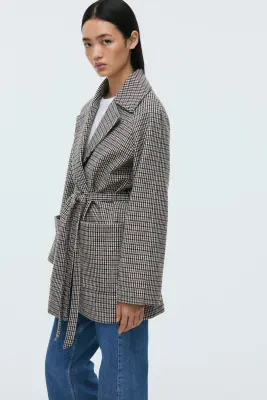 Manteau avec ceinture à nouer - Beige clair/carreaux — photo 3